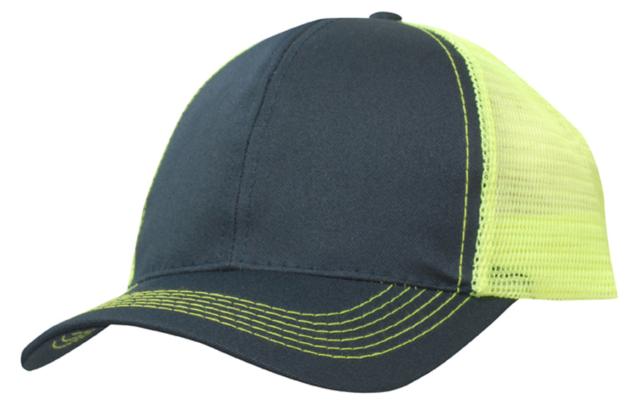 Breathable Poly Twill With Mesh Back in Navy/Hiviz Green