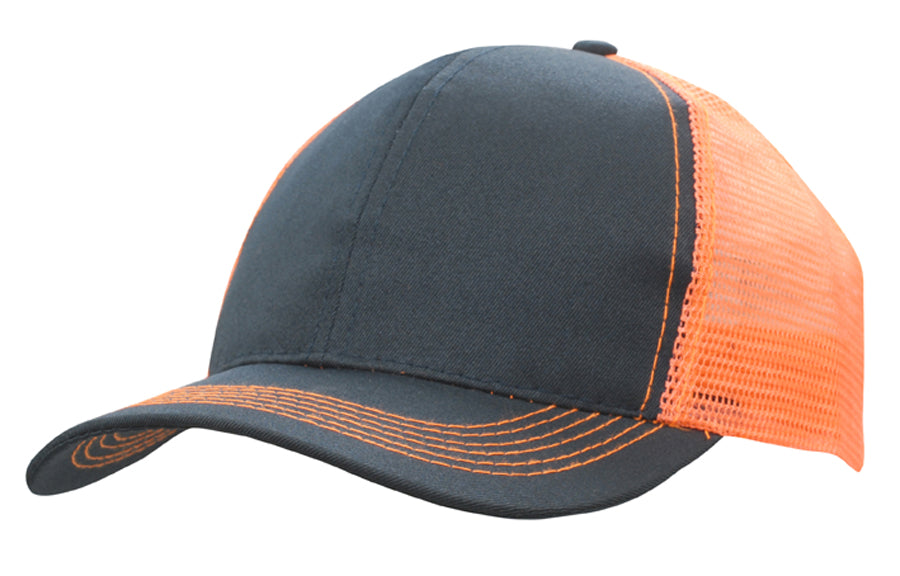 Breathable Poly Twill With Mesh Back in Navy/Hiviz Orange