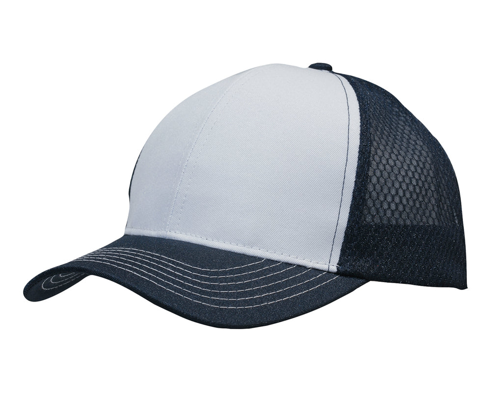 Breathable poly twill with honeycomb mesh in White/Navy