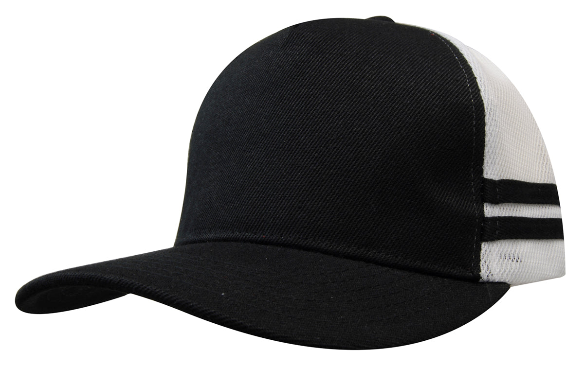 American Premium Twill/Mesh Deep Fit Trucker with Stripes in Black/White/Black