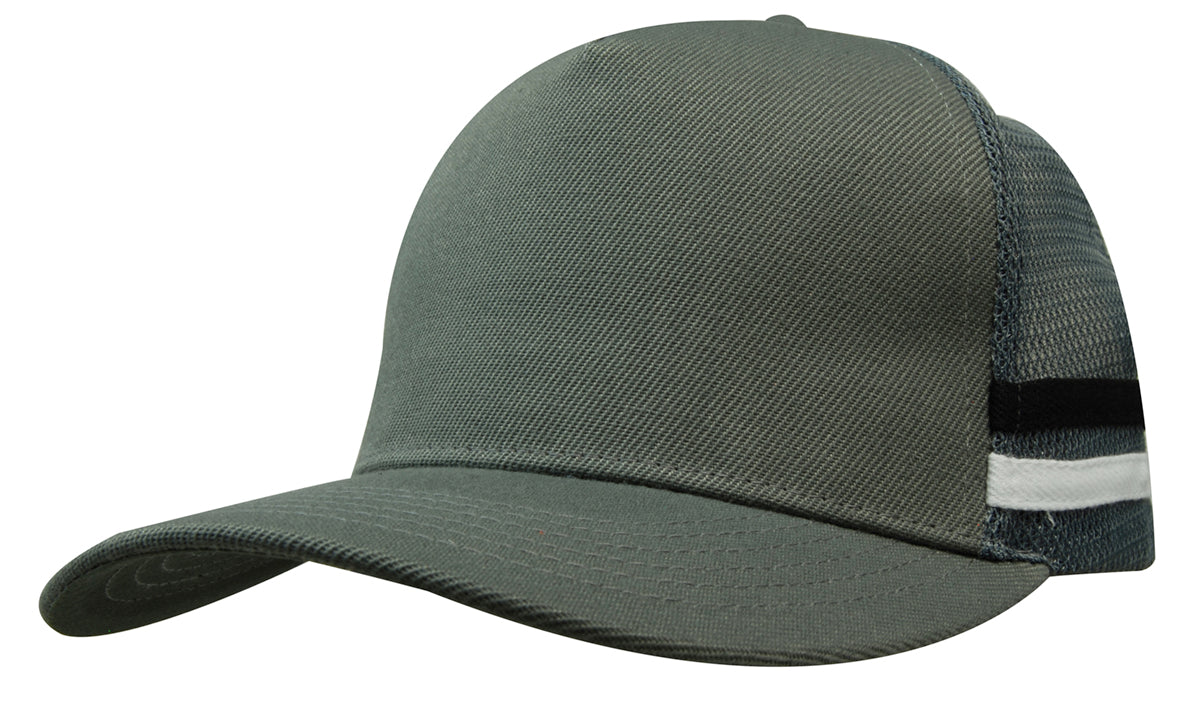 American Premium Twill/Mesh Deep Fit Trucker with Stripes in Charcoal/Black/White