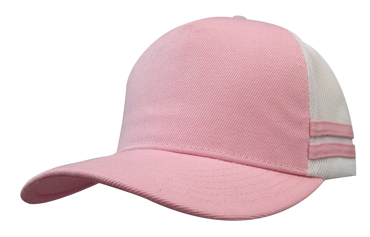 American Premium Twill/Mesh Deep Fit Trucker with Stripes in Light Pink/White/Light Pink