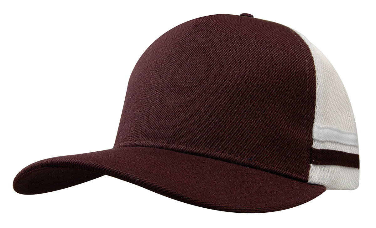 American Premium Twill/Mesh Deep Fit Trucker with Stripes in Maroon/White/Maroon
