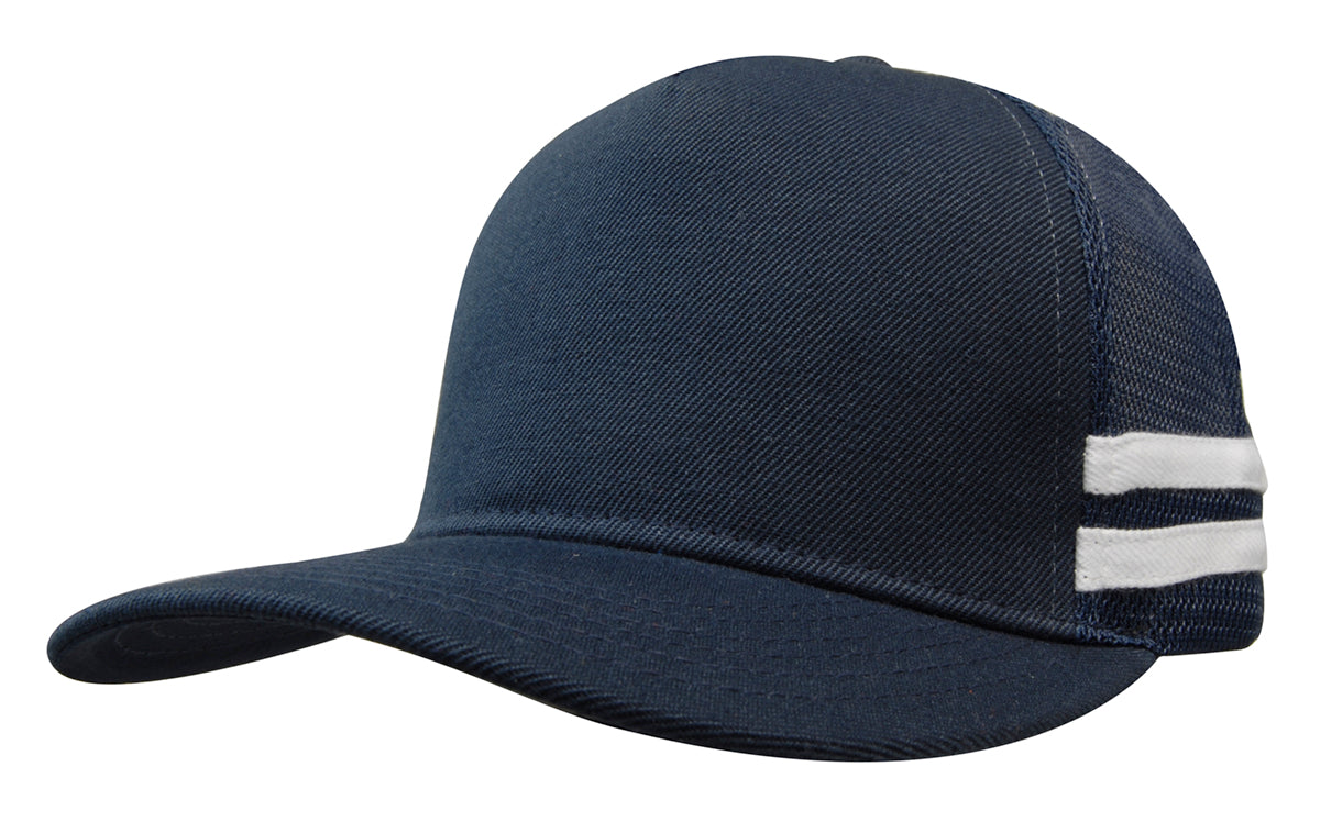 American Premium Twill/Mesh Deep Fit Trucker with Stripes in Navy/White