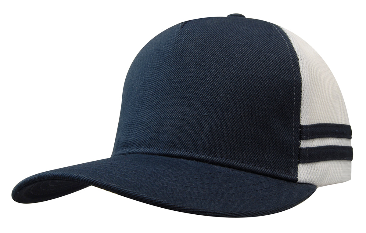 American Premium Twill/Mesh Deep Fit Trucker with Stripes in Navy/White/Navy