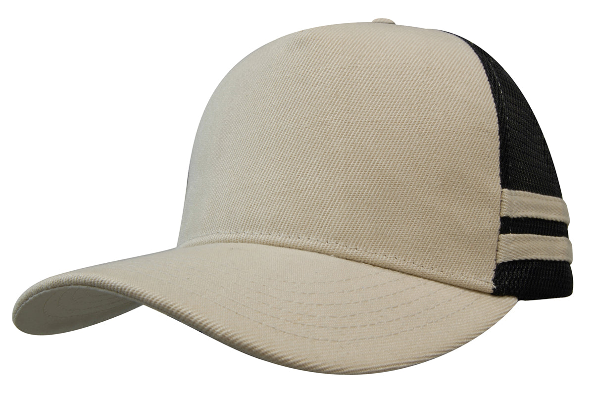 American Premium Twill/Mesh Deep Fit Trucker with Stripes in Stone/Black/Stone