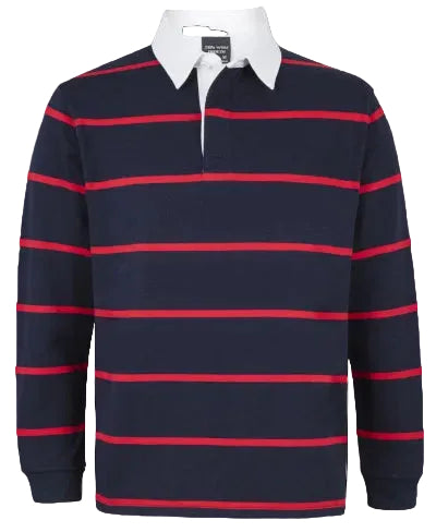 Navy and red striped rugby shirt on a white background
