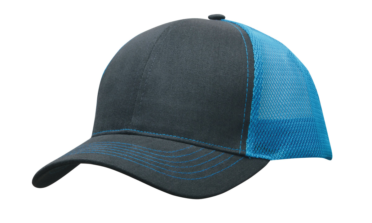 Brushed Cotton with Mesh Back Cap in Charcoal/Cyan