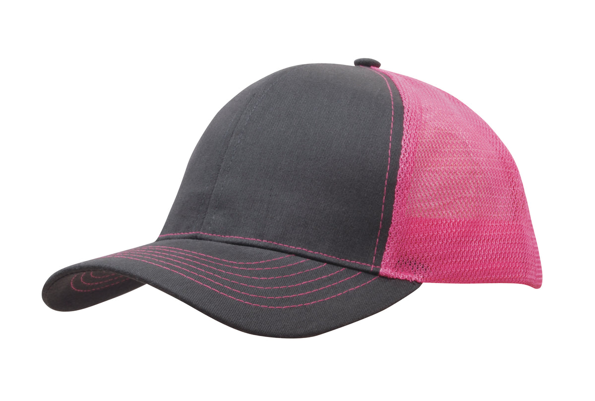 Brushed Cotton with Mesh Back Cap in Charcoal/Hot Pink