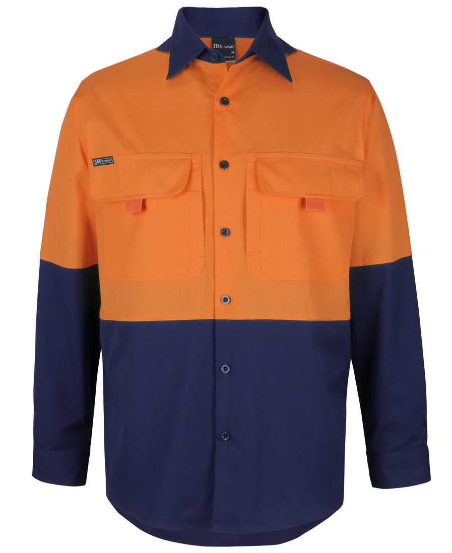 6HNRL JB's HV L/S Ripstop Fishing Shirt - Orange/Navy