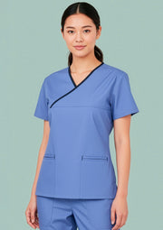 H10722 Womens Contrast Scrub Top - Mid Blue/Navy