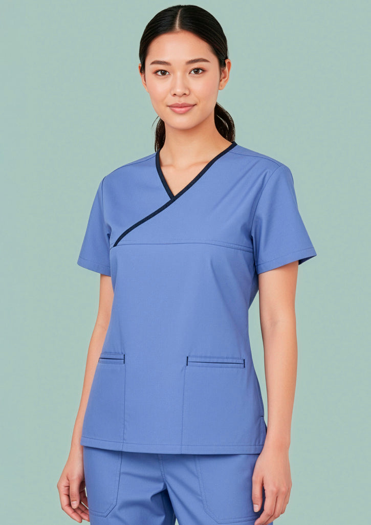 H10722 Womens Contrast Scrub Top - Mid Blue/Navy