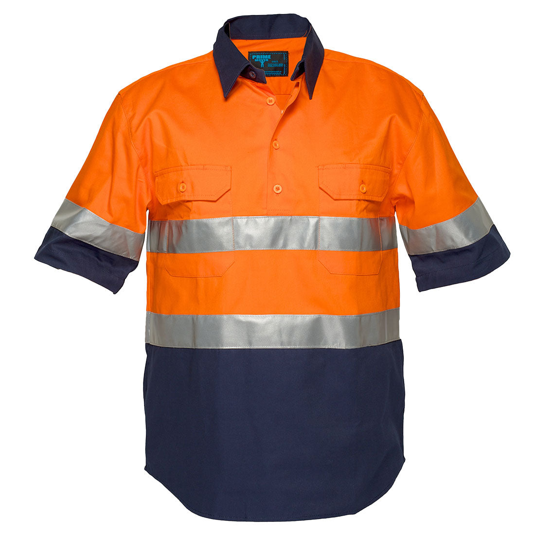 MC102 - Hi-Vis Two Tone Regular Weight Short Sleeve Closed Front Shirt with Tape in Orange/Navy