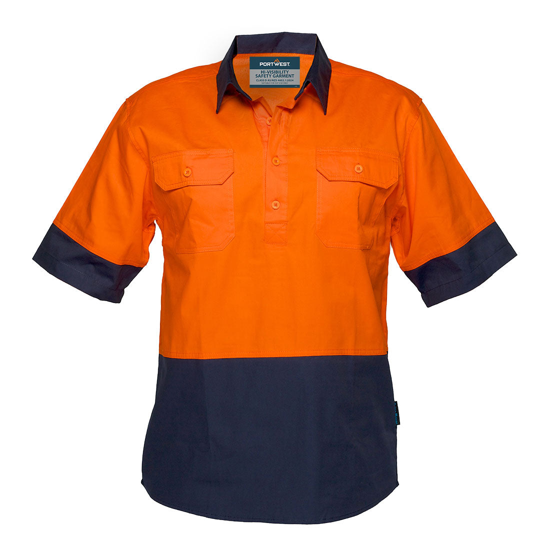 MC802 - Canberra Hi-Vis Lightweight Contrast 1/2 Button Class D Shirt S/S in Orange/Navy