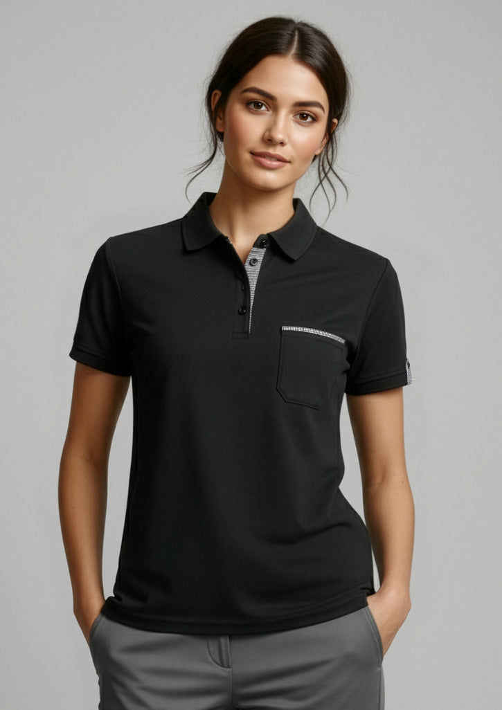 P305LS Womens Edge Short Sleeve Polo - Black/Check