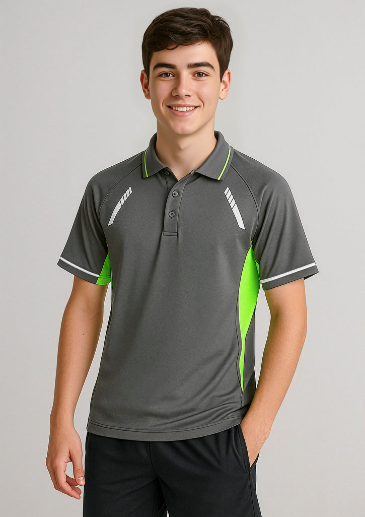 P700KS Kids Renegade Short Sleeve Polo - Grey/Fluoro Lime/Silver