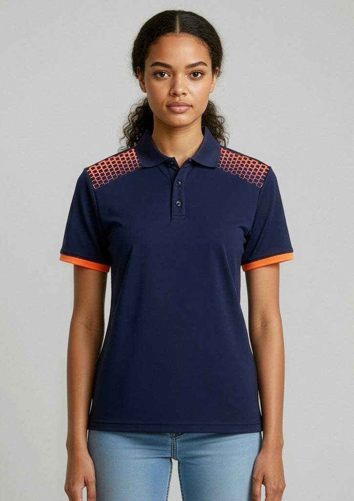 P900LS Womens Galaxy Short Sleeve Polo - Navy/Fluoro Orange