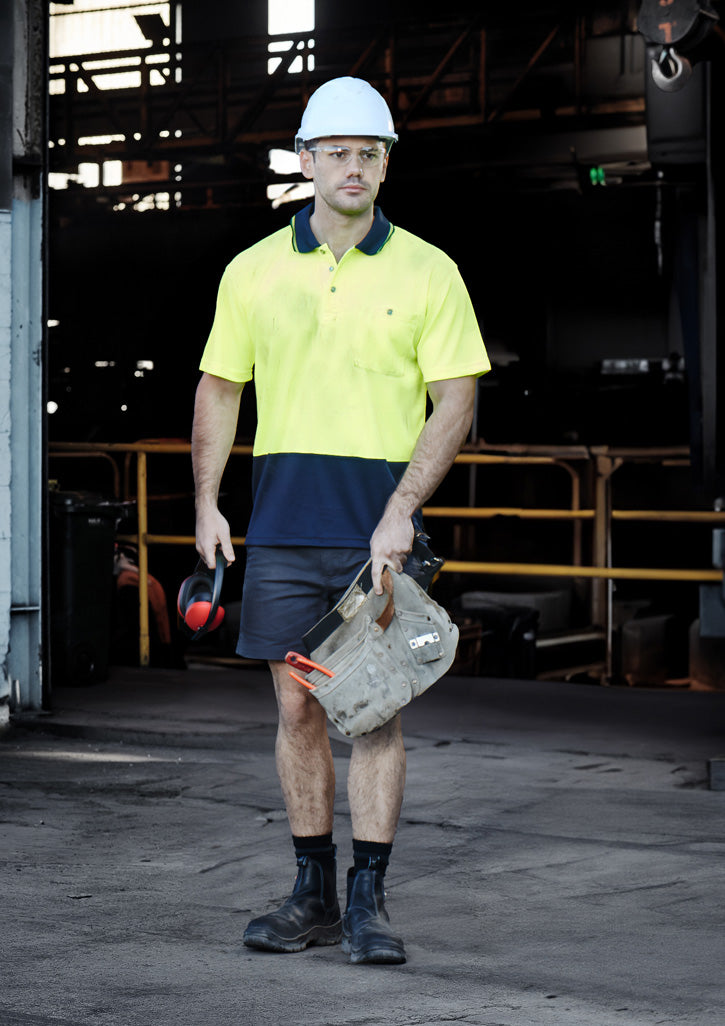 Unisex Hi Vis Basic Short Sleeve Polo in Yellow/Navy
