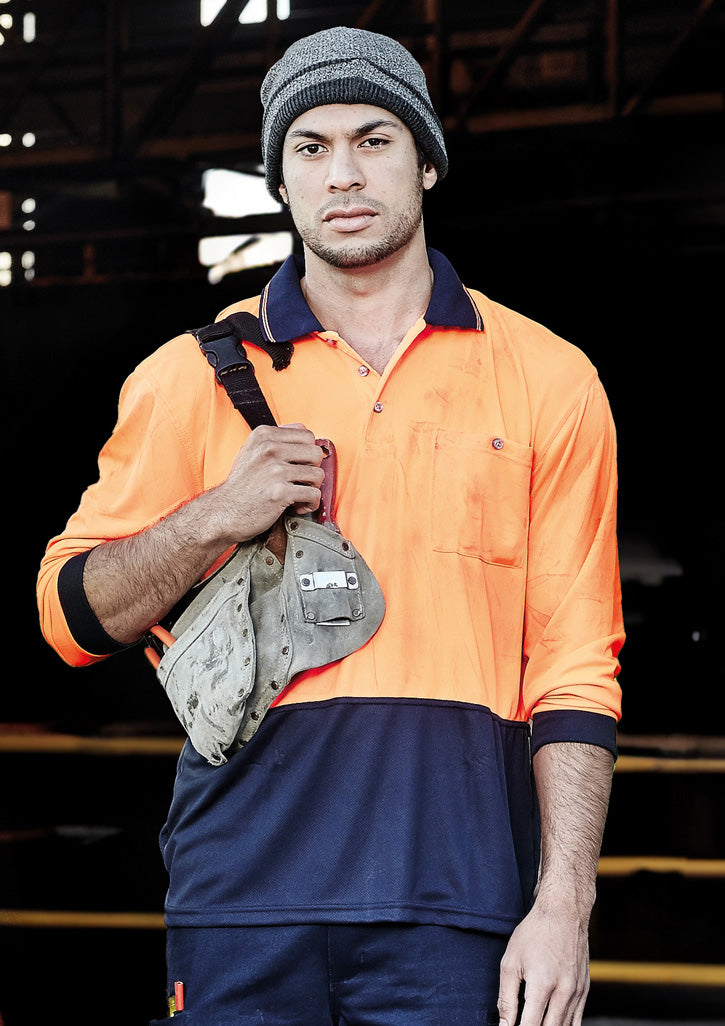 Unisex Hi Vis Basic Long Sleeve Polo in Orange/Navy