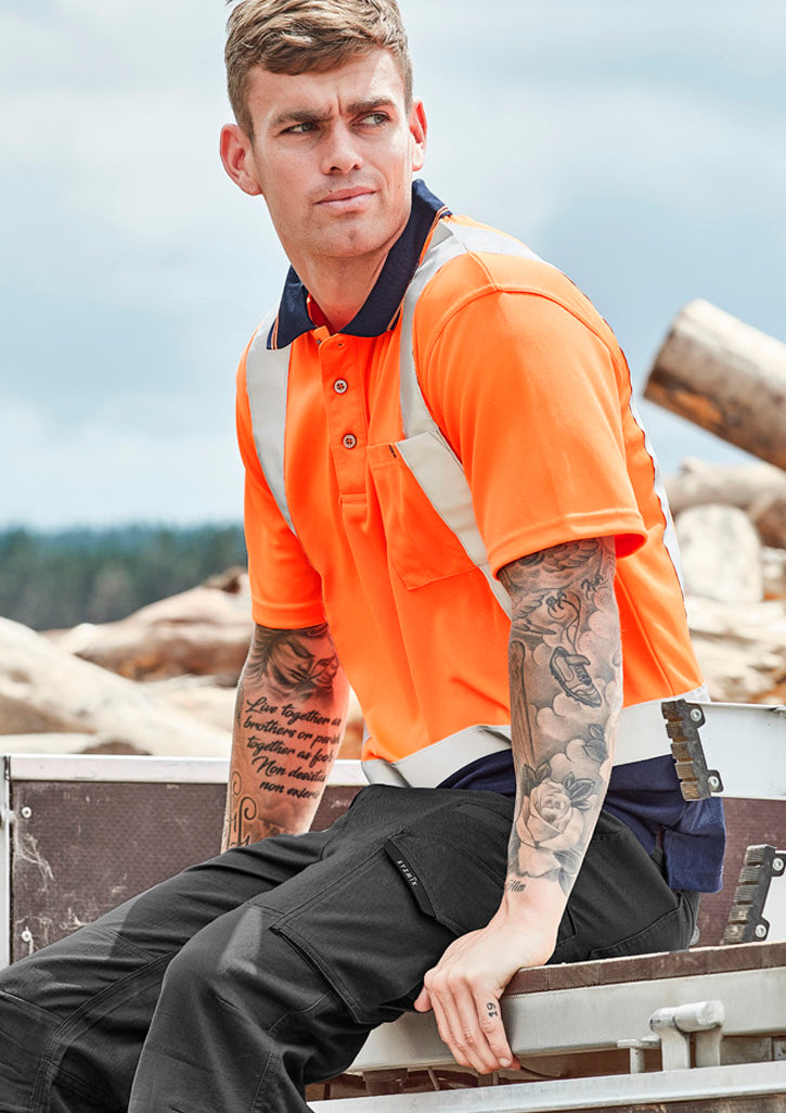 Mens Hi Vis Spliced Short Sleeve Polo - Shoulder Taped in Orange/Navy