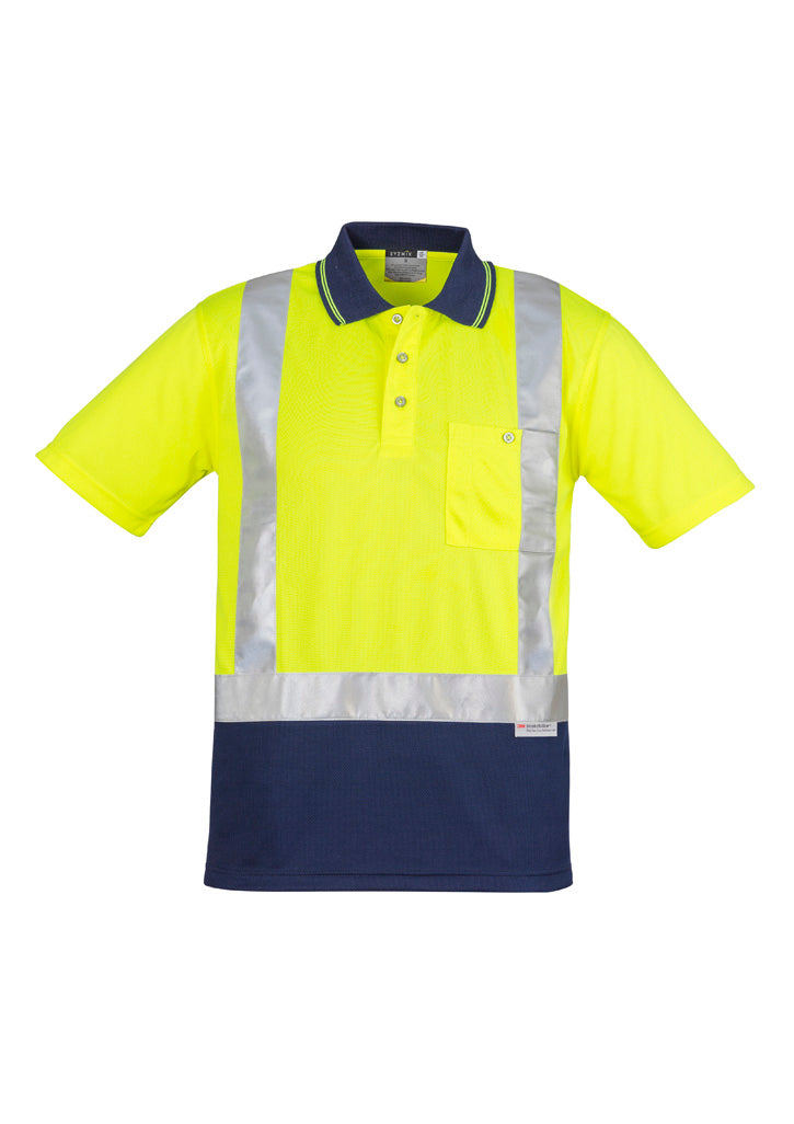 Mens Hi Vis Spliced Short Sleeve Polo - Shoulder Taped in Yellow/Navy
