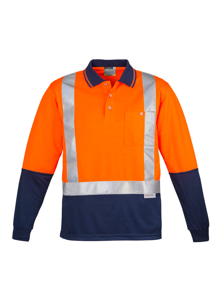 Mens Hi Vis Spliced Long Sleeve Polo - Shoulder Taped in Orange/Navy