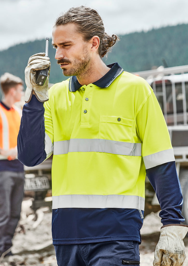 Mens Hi Vis Spliced Long Sleeve Polo - Hoop Taped in Yellow/Navy