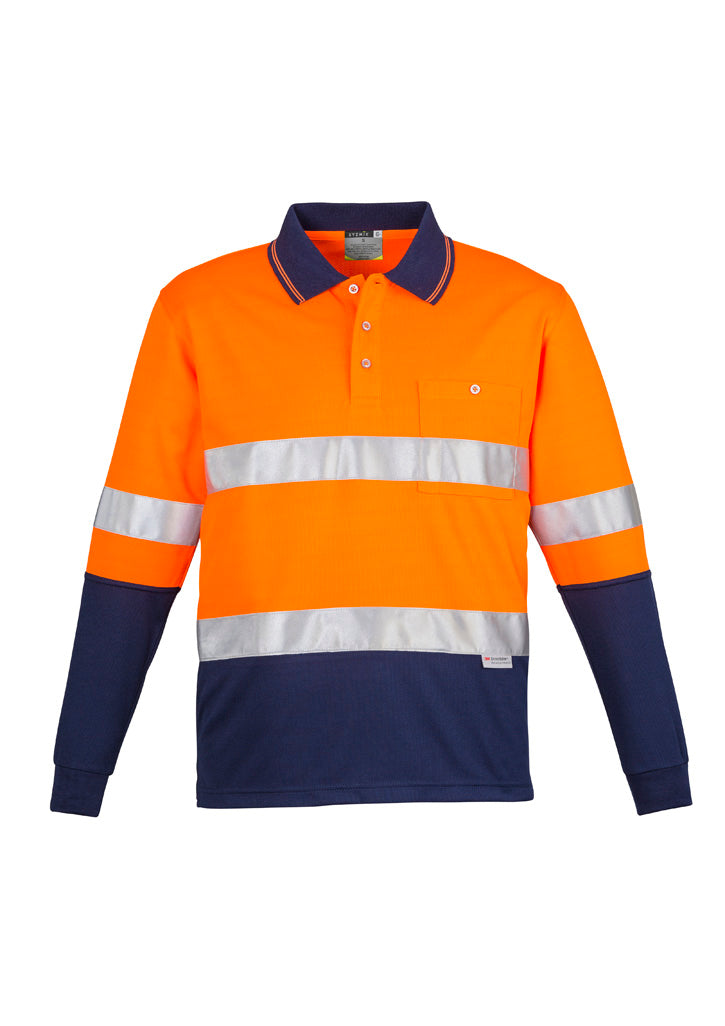 Mens Hi Vis Spliced Long Sleeve Polo - Hoop Taped in Orange/Navy