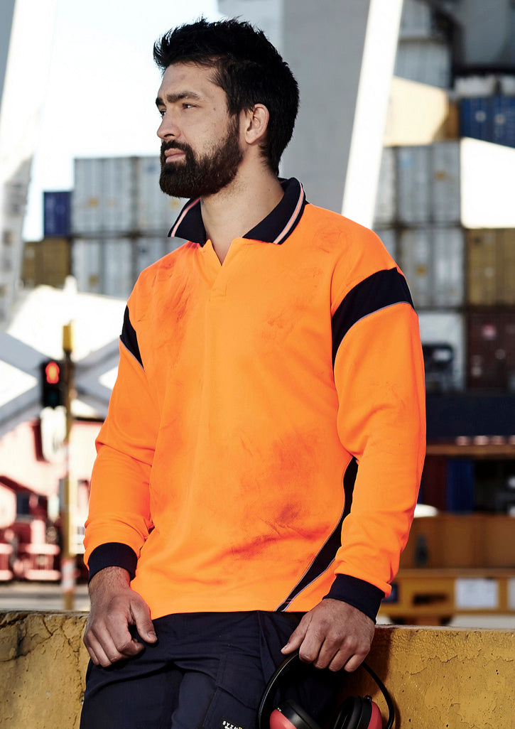 Mens Hi Vis Aztec Long Sleeve Polo in Orange/Navy