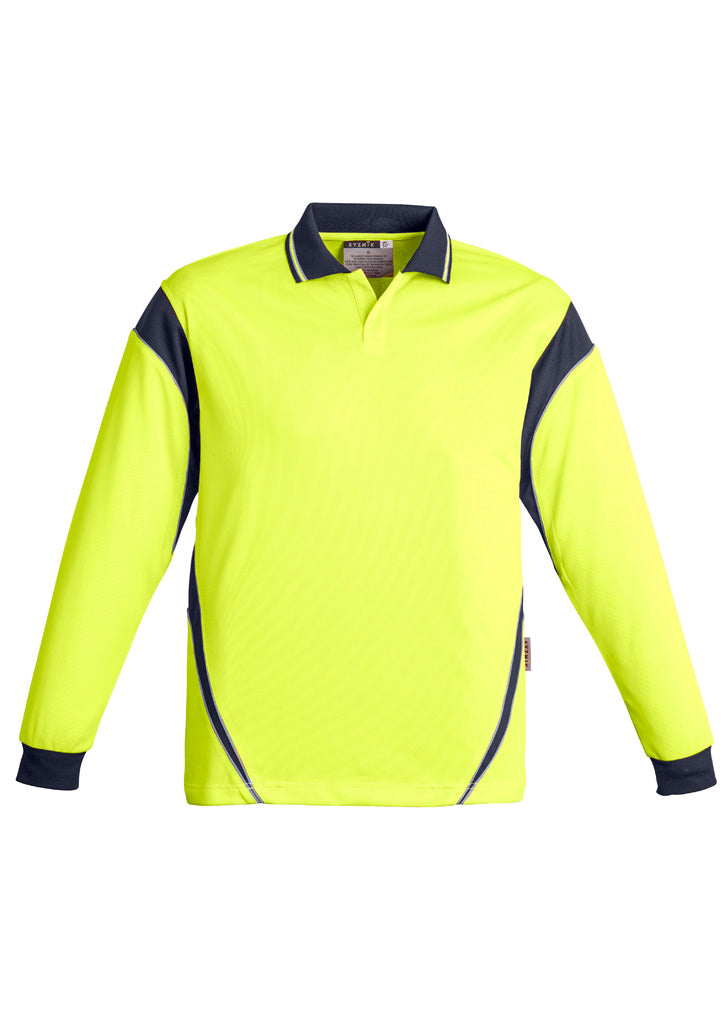 Mens Hi Vis Aztec Long Sleeve Polo in Yellow/Navy