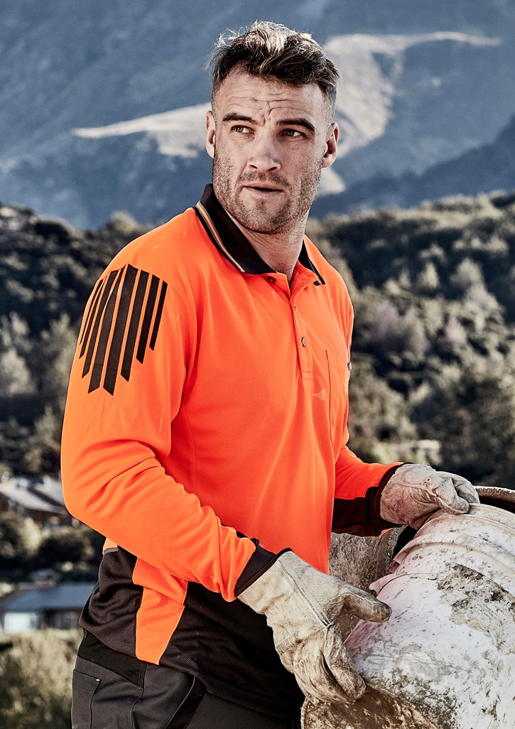 Mens Hi Vis Flux Long Sleeve Polo in Orange/Charcoal