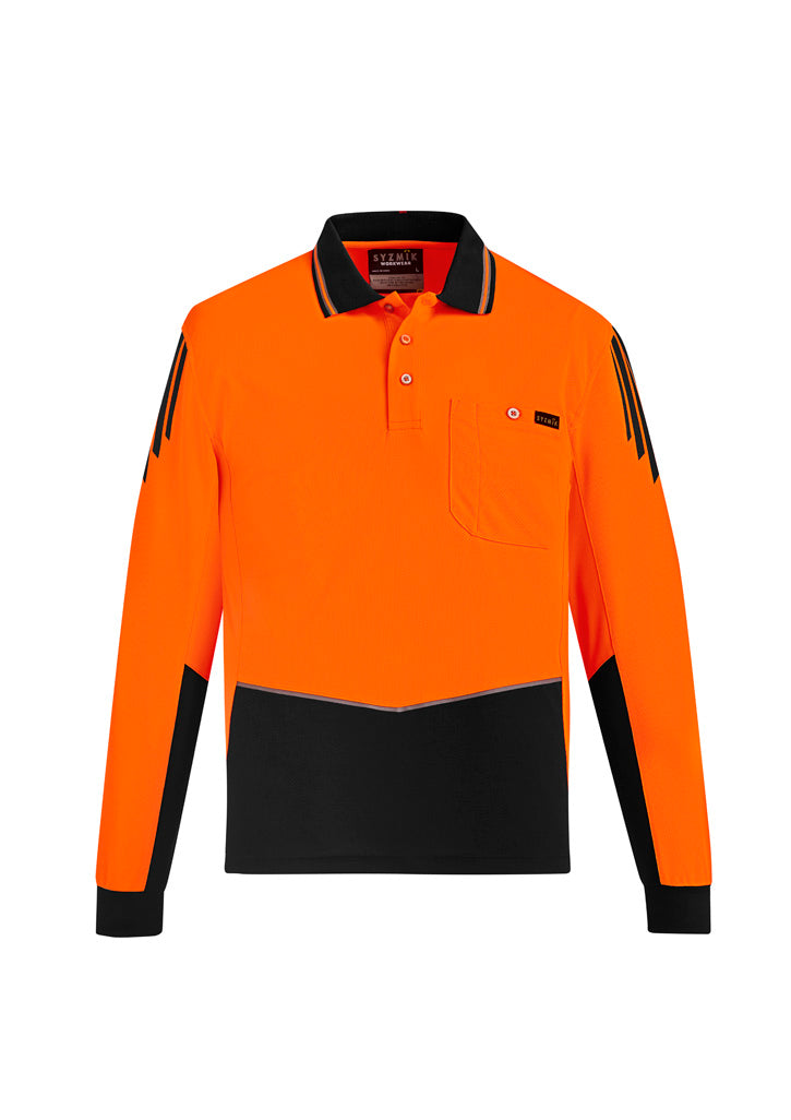 Mens Hi Vis Flux Long Sleeve Polo in Orange/Black