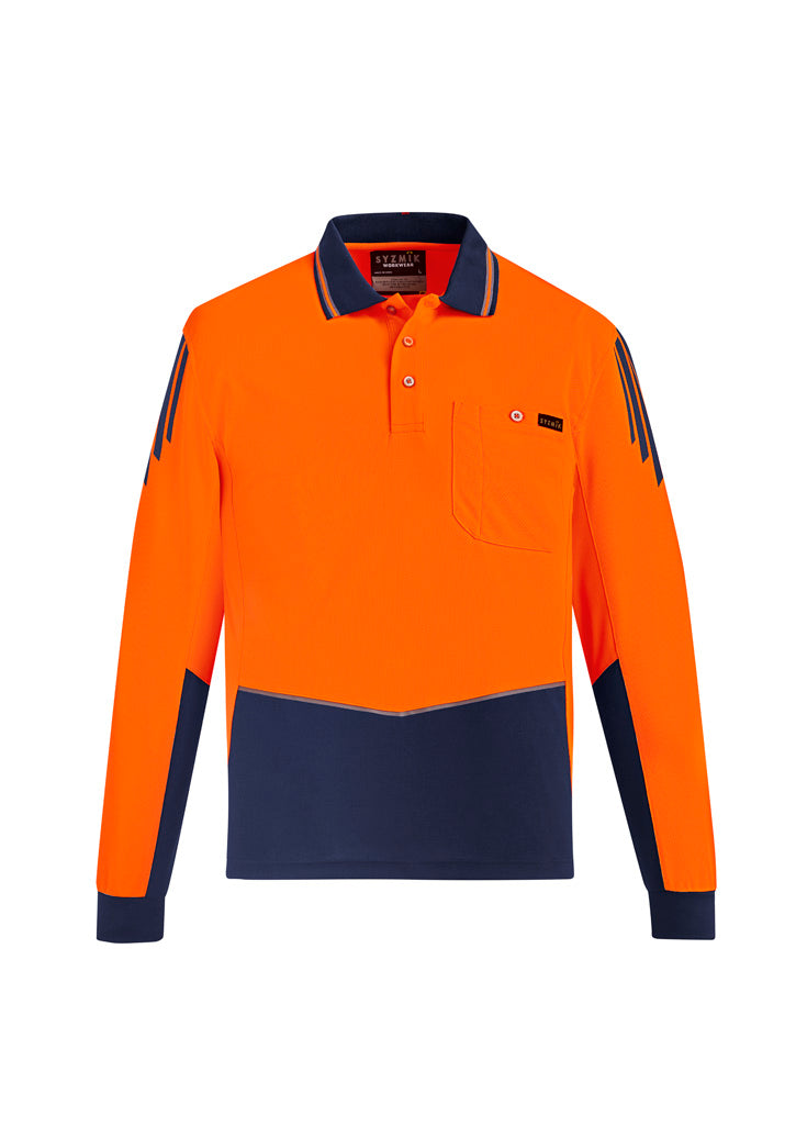 Mens Hi Vis Flux Long Sleeve Polo in Orange/Navy