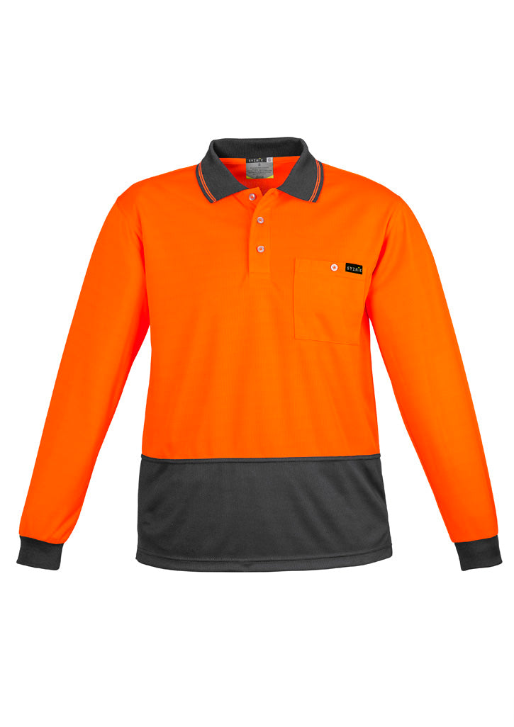 Mens Hi Vis Comfort Back Long Sleeve Polo in Orange/Charcoal
