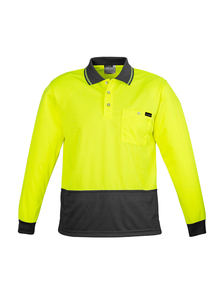 Mens Hi Vis Comfort Back Long Sleeve Polo in Yellow/Charcoal