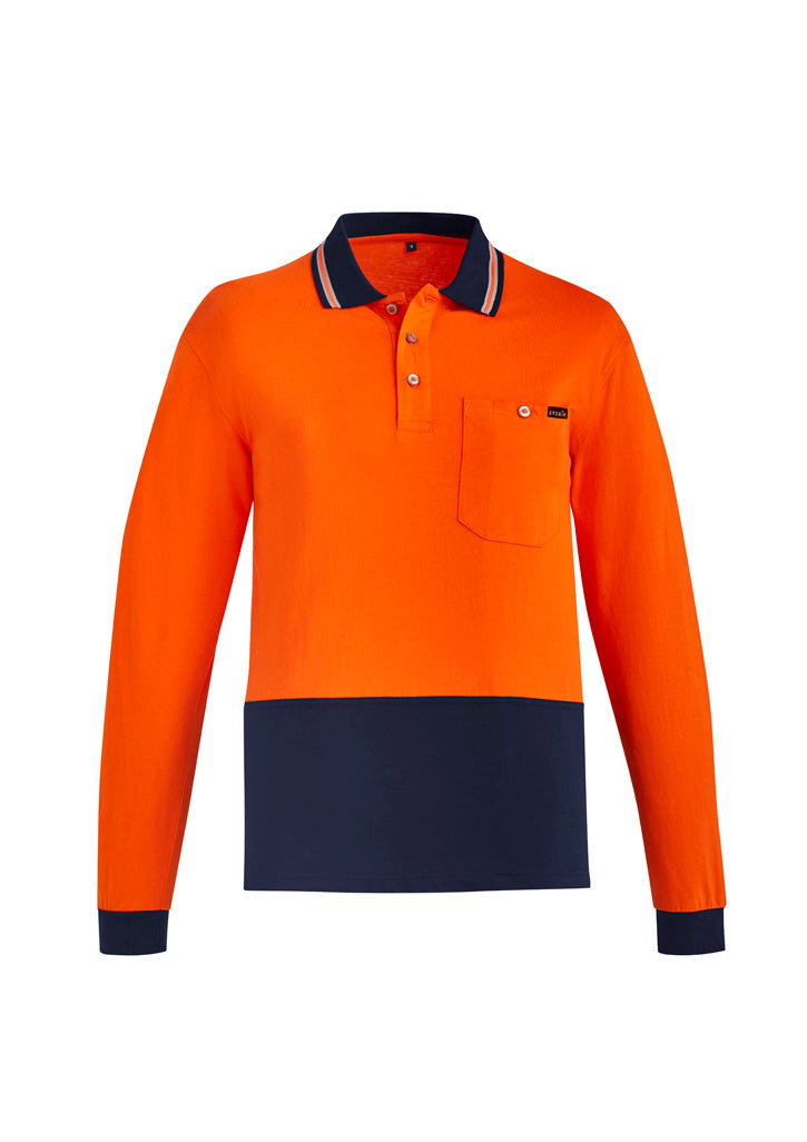 Mens Hi Vis Cotton Long Sleeve Polo in Orange/Navy