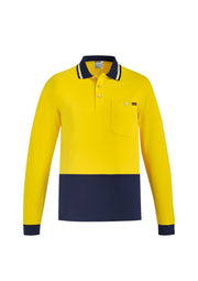 Mens Hi Vis Cotton Long Sleeve Polo in Yellow/Navy