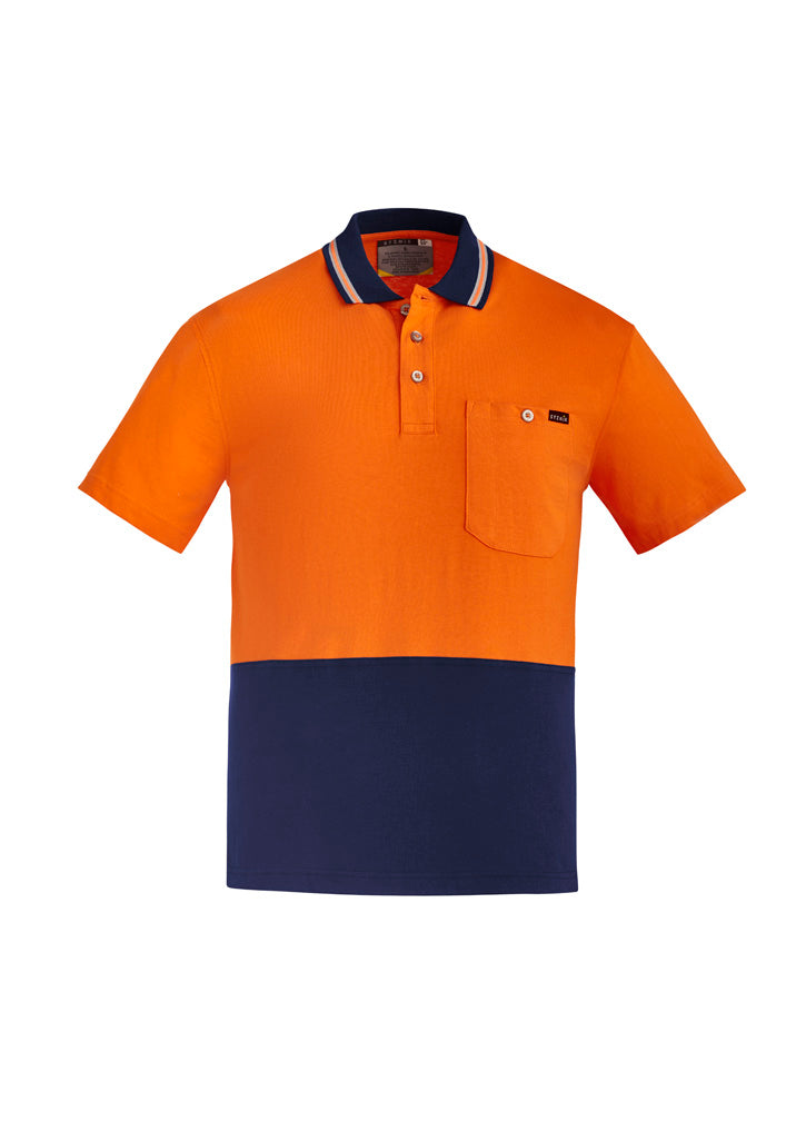 Mens Hi Vis Cotton Short Sleeve Polo in Orange/Navy