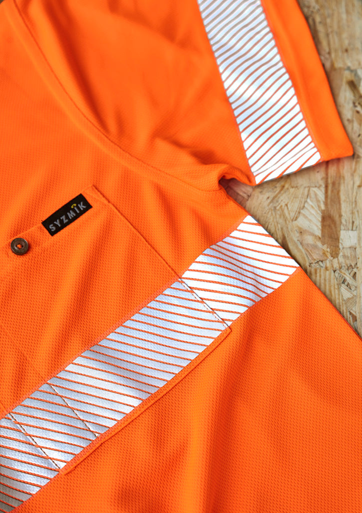 Unisex Hi Vis Segmented Tape Short Sleeve Polo in Orange/Navy