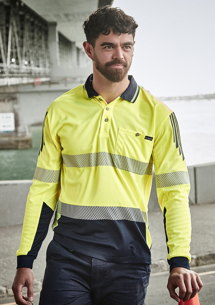 Mens Hi Vis Flux Segmented Tape Long Sleeve Polo in Yellow/Navy