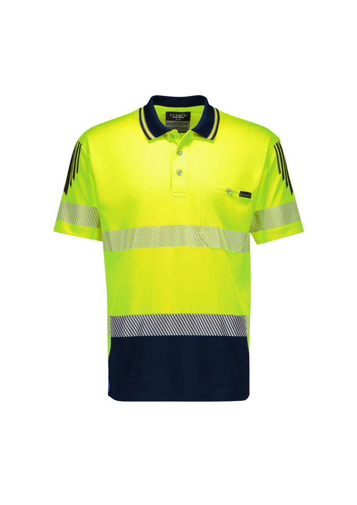Mens Hi Vis Flux Segmented Tape Short Sleeve Polo in Yellow/Navy