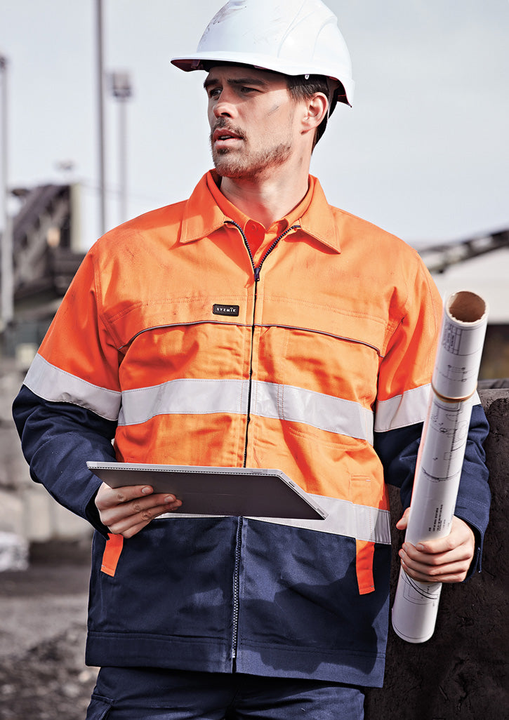 Mens Hi Vis Cotton Drill Jacket in Orange/Navy
