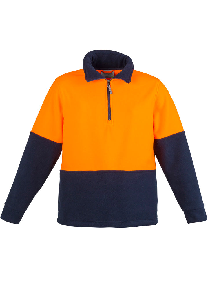 Unisex Hi Vis 1/2 Zip Polar Fleece Pullover in Orange/Navy