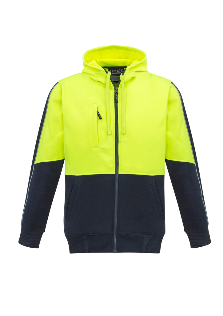 Unisex Hi Vis Full Zip Hoodie in Yellow/Navy