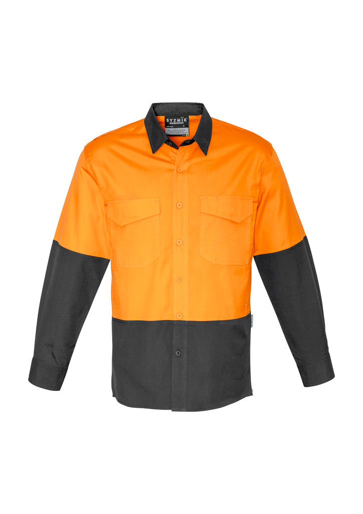 Mens Rugged Cooling Hi Vis Long Sleeve Shirt in Orange/Charcoal