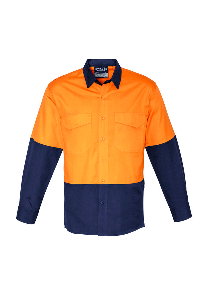 Mens Rugged Cooling Hi Vis Long Sleeve Shirt in Orange/Navy