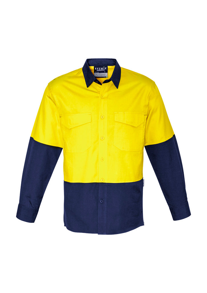 Mens Rugged Cooling Hi Vis Long Sleeve Shirt in Yellow/Navy