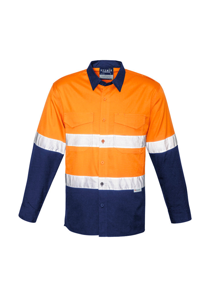Mens Rugged Cooling Hi Vis Taped Long Sleeve Shirt in Orange/Navy