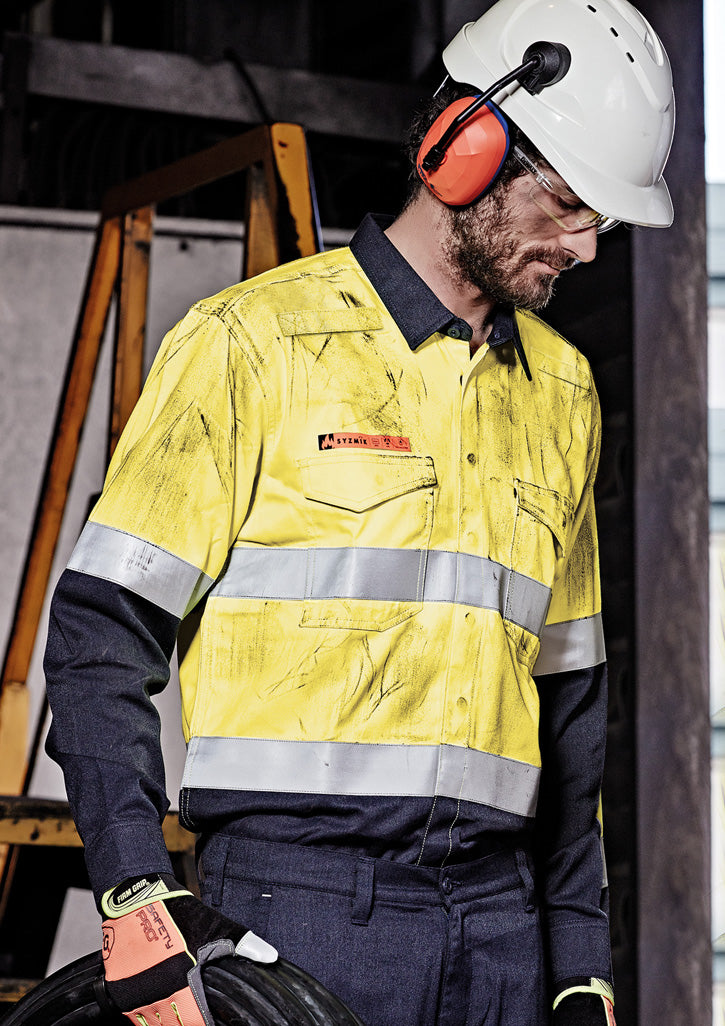 Mens Orange Flame Hi Vis Open Front Spliced Shirt - Hoop Taped in Yellow/Navy