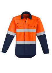 Mens Orange Flame Hi Vis Open Front Spliced Shirt - Hoop Taped in Orange/Navy